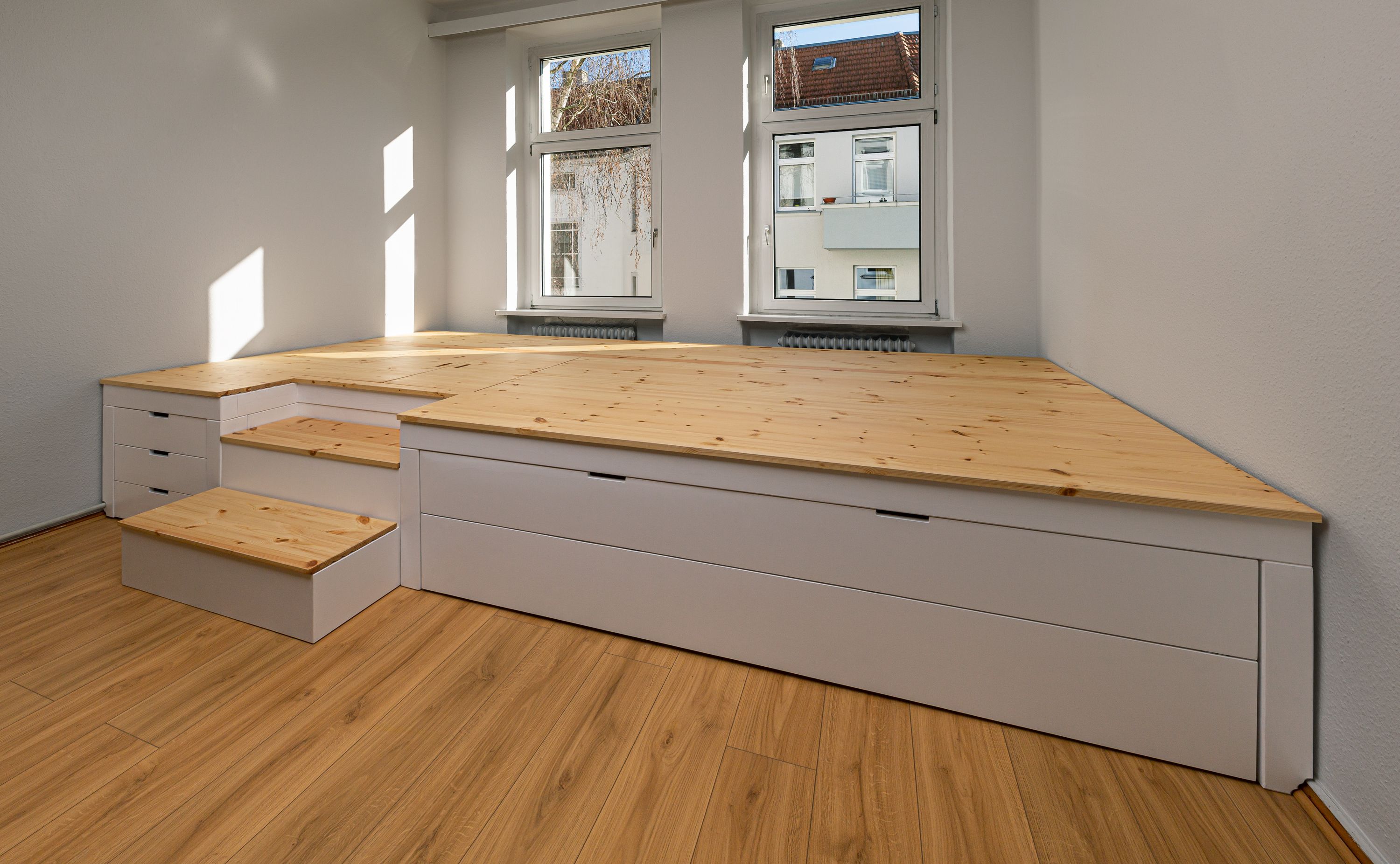 Wooden bed with white linen. System